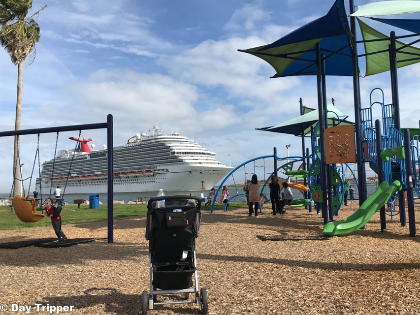 Cruise Ship coming into Galveston TX. Seawolf Park Playground