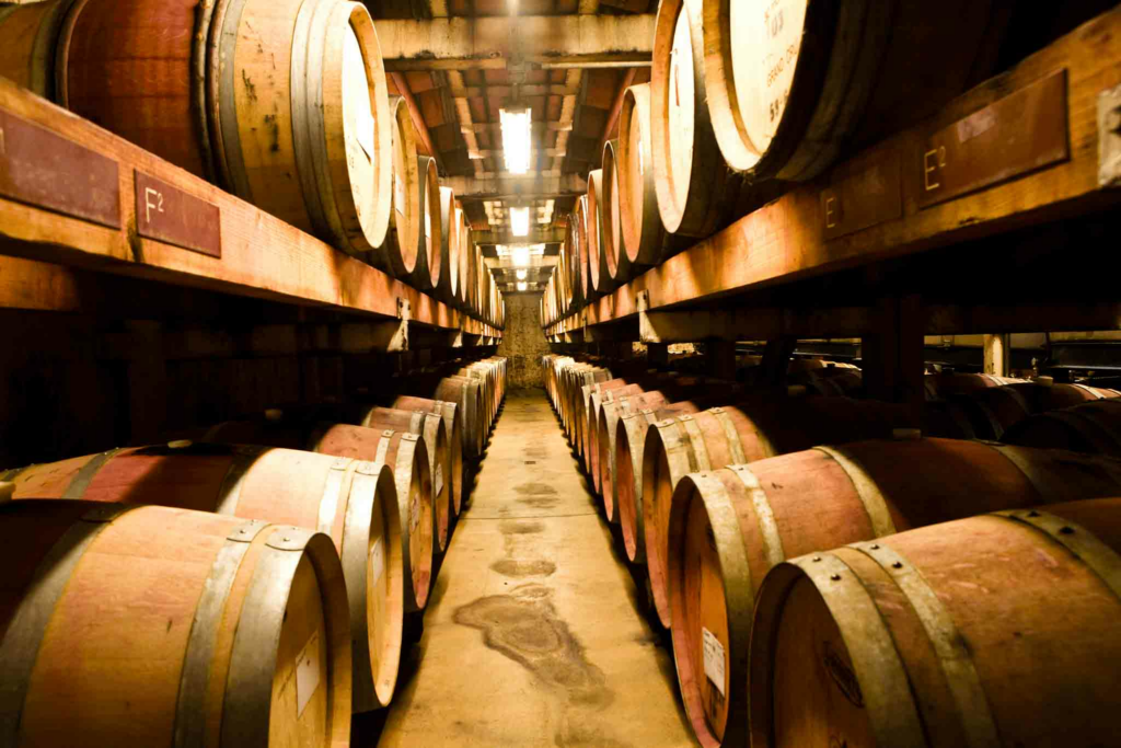 Barrels of Wine down a long hallway