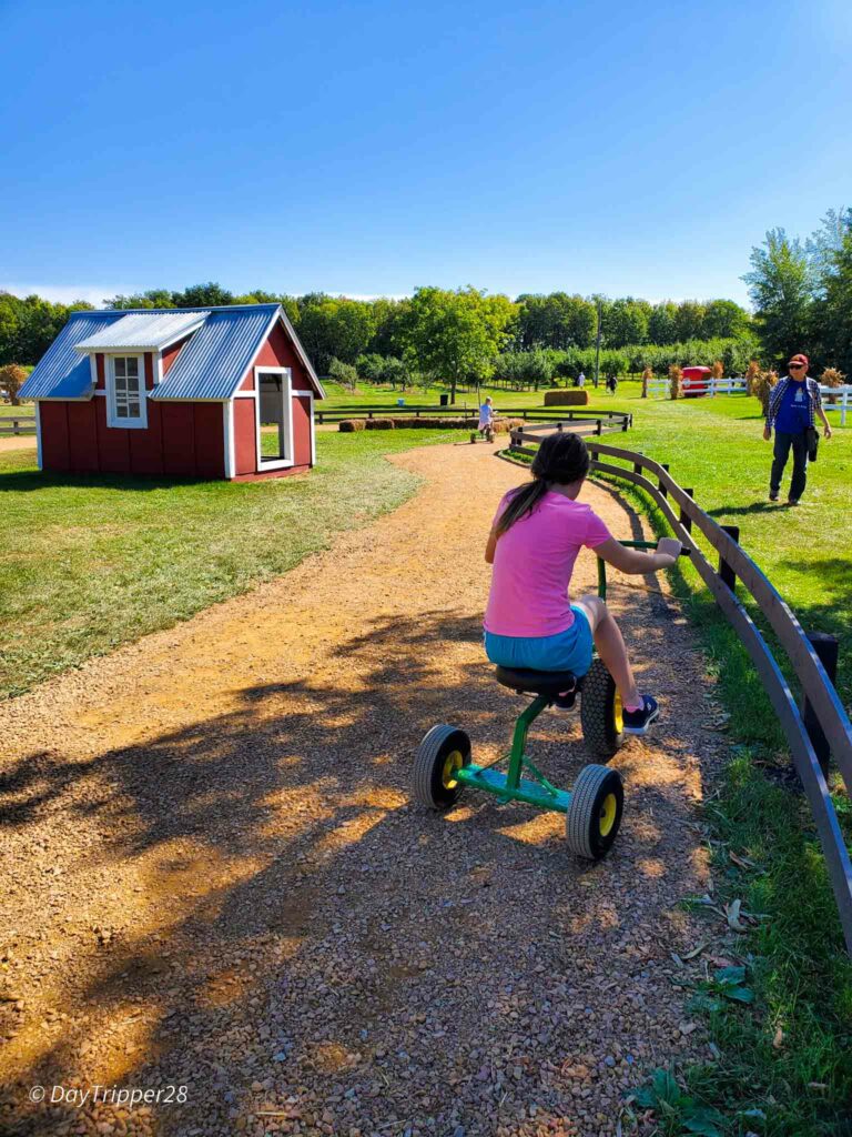 girl riding pedal tractor at MN Harvest Apple Orchard